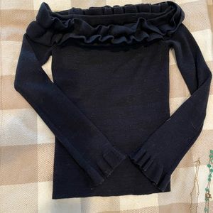 White House black-market navy blue off the shoulder sweater with ruffles